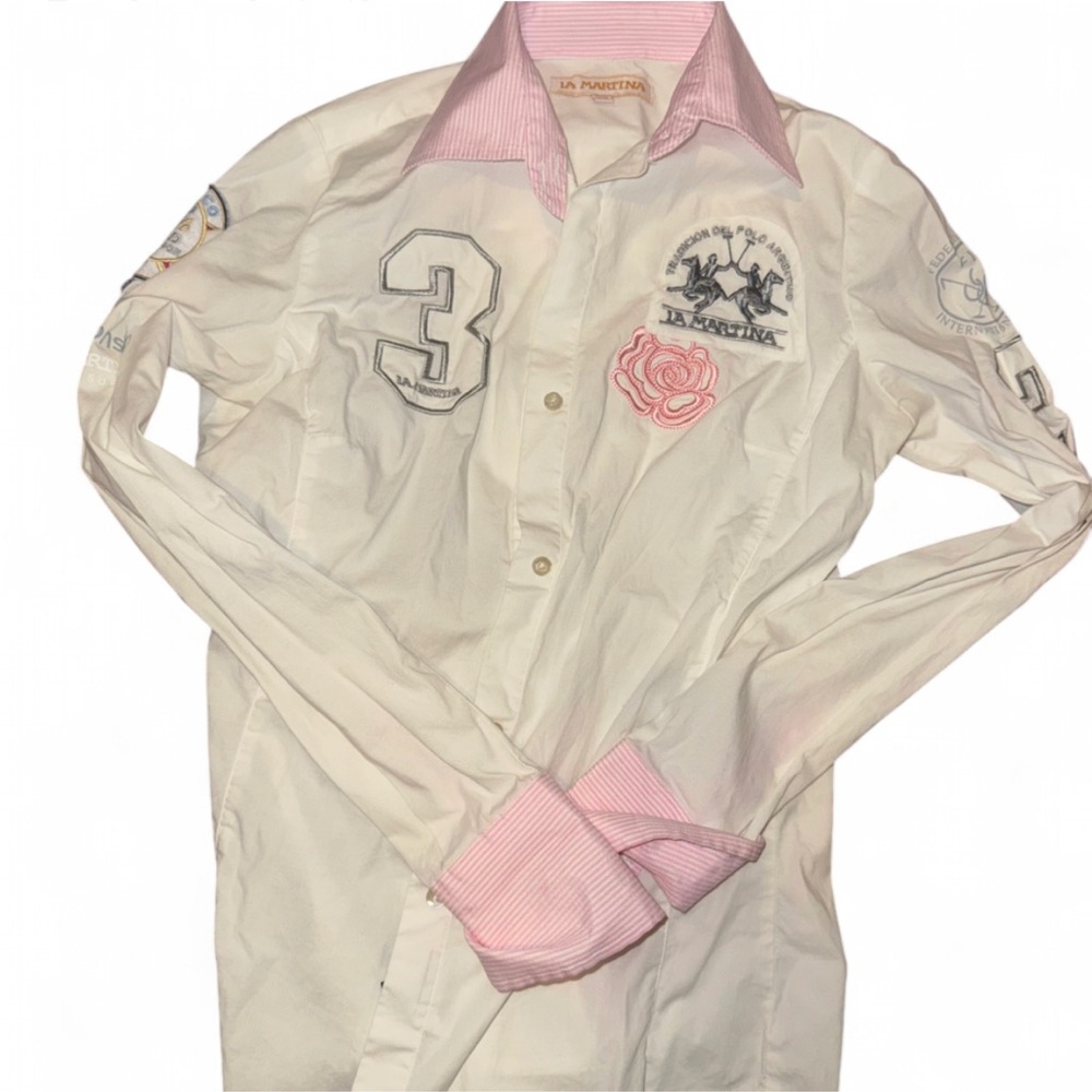 La Martina White Button-Up Shirt with Pink Trim